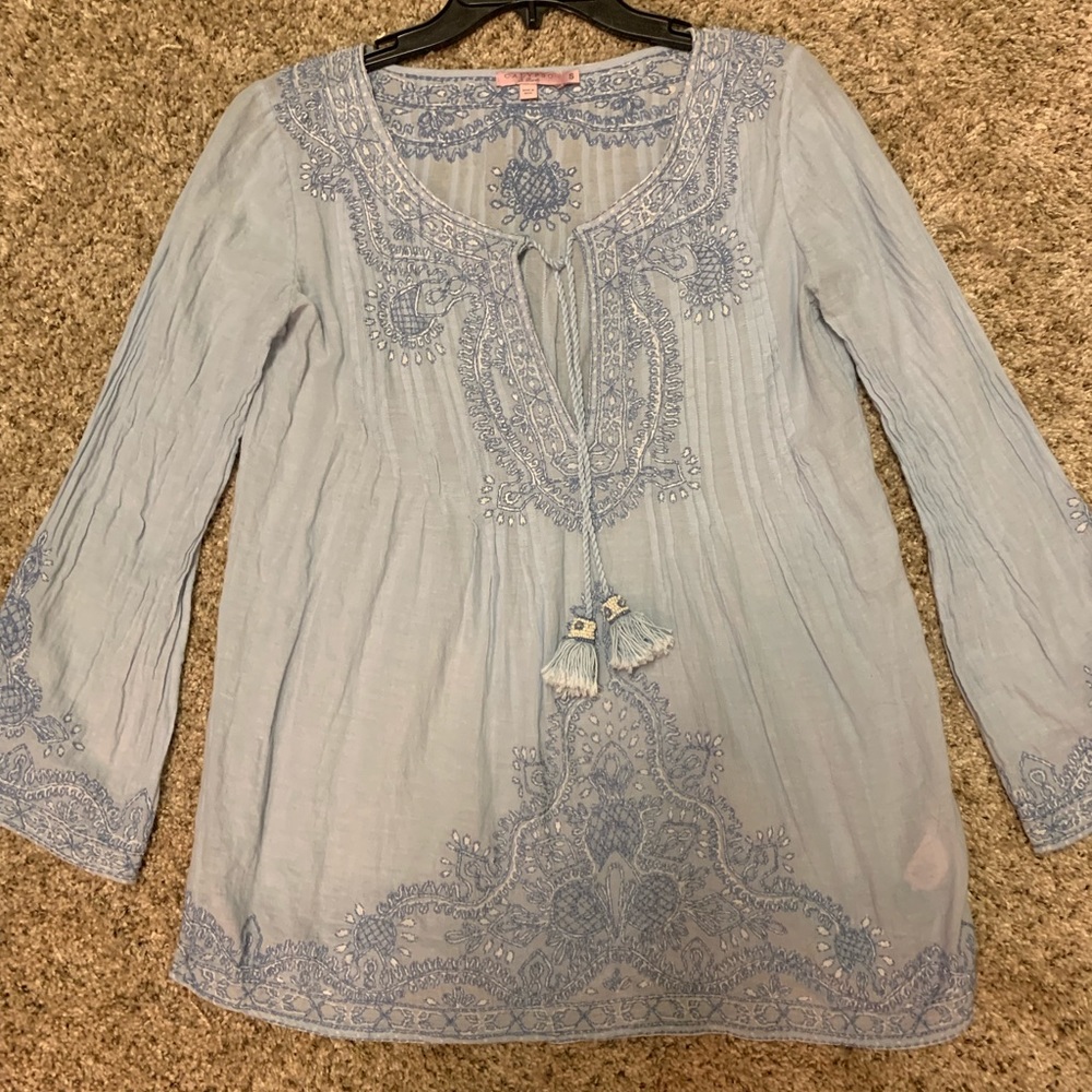 Calypso St Barth embroidered light blue top